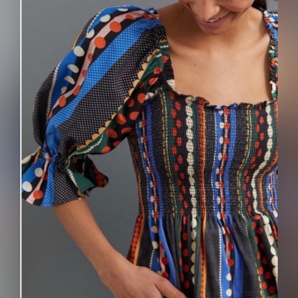 NWT Conditions Apply for Anthropologie Smocked Sweetheart Mixed Media Peplum Top